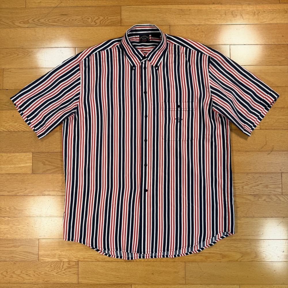 Paul & Shark Yachting Mens 100% Silk Striped Short Sleeve Shirt Red Blue 43/17
